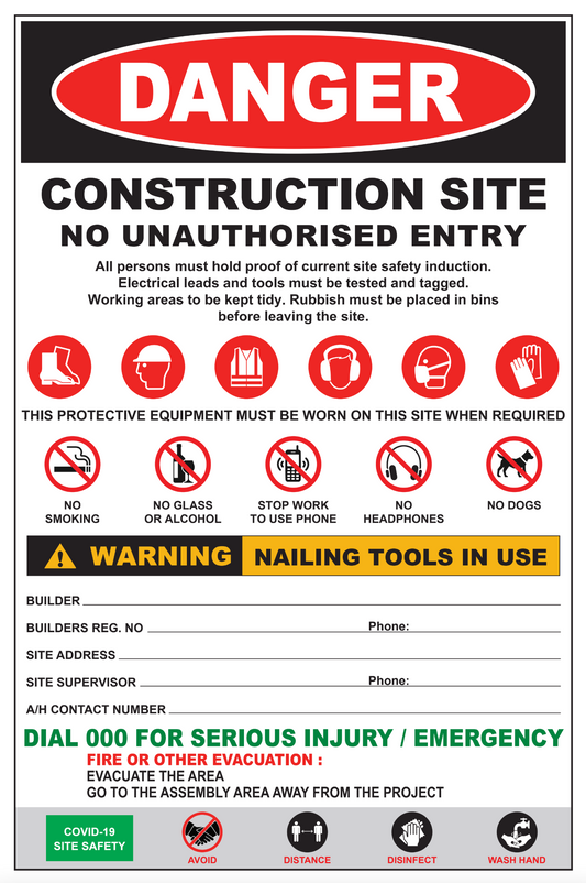 Construction Site Safety Signs Rigid Signs VividAds Print Room 10 x 800mm W x 1200mm H Corrugated Plastic - 5mm No Eyelets